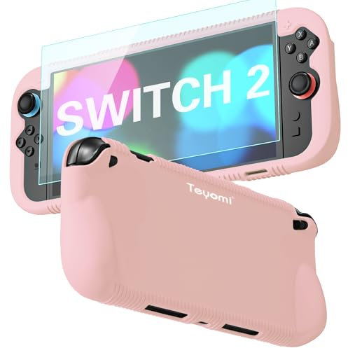 Teyomi Protective Silicone Case Compatible with Nintendo Switch 2, Shockproof Cover for Nintendo Switch 2 with Tempered Glass Screen Protector,Ergonomic Grip Case for Switch 2,2 Game Card Slots (Pink)