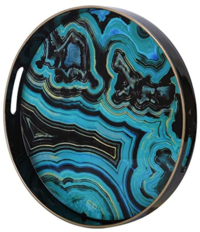 Simmer Stone Round Decorative Tray, Marbling Plastic with Handles, Modern Vanity nd Serving for Ottoman, Coffee Table, Kitchen and Bathroom, Size 13 INCH (Blue Gold Black Waves)