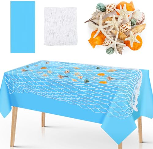 Fangoo 100x200cm Blau Fischnetz Muscheln Seesterns Tischdecke Tischdekorationen Maritime Meerjungfrau Geburtstag Deko Piraten Nautische Fishing Partys Mediterranen Wohnzimmer Schlafzimmer Dekoration