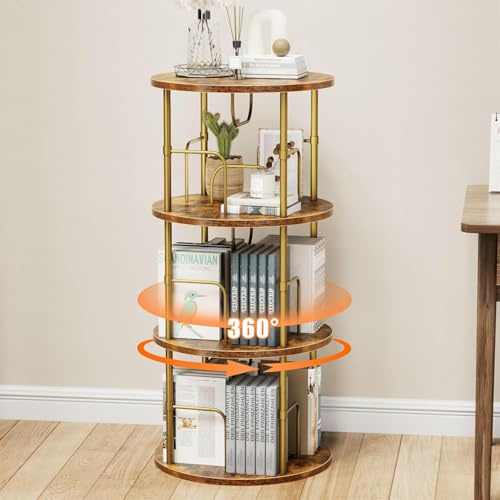 Flycity 360° Drehbares Bücherregal aus Holz, Standregal mit 3 Verstellbaren Ebenen, 45×45×97 cm, Vintage-Braun, Ideal für Bücher und Deko