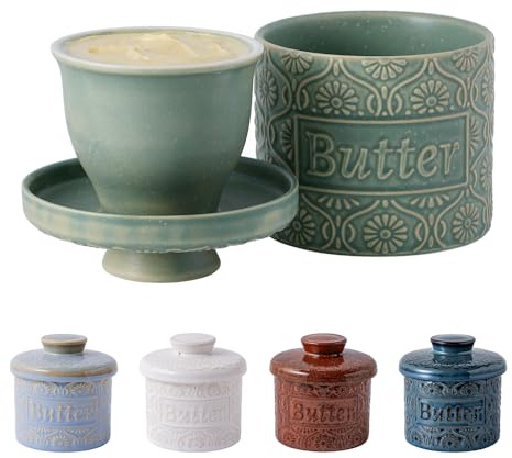 AMIEENOR Beurrier à Eau en Céramique - Beurrier de Style Français avec Motif en Relief Vintage, Garde le Beurre Mou et Frais sans Réfrigération, Décoration de Cuisine Rustique, 150g, Vert