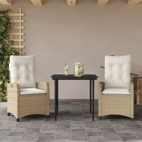Tonture 3-TLG. Garten-Essgruppe Beige Poly Rattan, verstellbare Relaxsessel, Glastisch 80x80cm, UV-beständig, wetterfest, für Terrasse, Balkon, Außenbereich