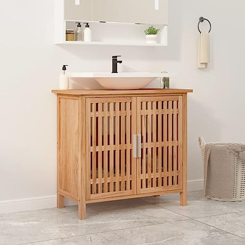 Teenpull Armario para debajo del lavabo 66 x 29 x 61,5 cm, madera maciza de nogal, armario de almacenamiento para baño, estilo rústico, acabado de madera de nogal, muebles de baño para lavabo, diseño
