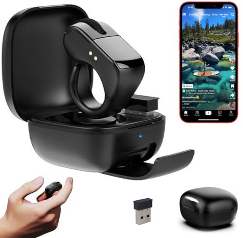 Justdfine Fingerspitzen Scrolling Ring,Dual-Mode+Touchpad Bluetooth5.3+2.4G Page Turner für Tik Tok iPhone iPad,2-in-1 Tragbare Handheld Bluetooth Maus Kabellose Fernbedienung Finger Scroller,Schwarz