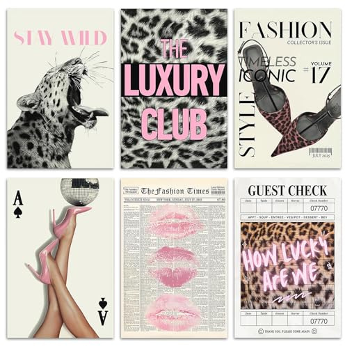 Fychuo 6er Poster Set Rosa Leinwand, Leoparden Wandkunst mit Gepard, Lippen, Diskokugel, Y2K Aesthetic Poster, Trendige Poster für Schlafzimmer Wohnzimmer, Ohne Rahmen (30 x 20 cm)