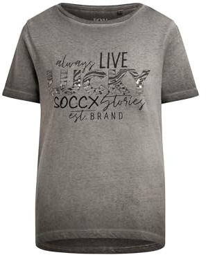 SOCCX Damen T-Shirt U-Boot-Ausschnitt mit Artwork Cool Khaki, L