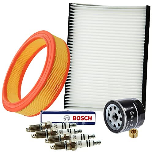BESTPRICE Inspektionspaket Filterset mit 1x Luftfilter, 1x Innenraumfilter, 1x Ölablassschraube, 4x Zündkerze Super Plus YR7DC+ Kompatibel mit FIAT DOBLO (119_, 223_), PUNTO (188_)