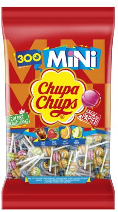Chupa Chups - Grand Sachet de 300 Mini Sucettes à la Pulpe de Fruit - Parfums Variés - Cola et Goûts Fraise, Orange et Pomme - Sans Gluten, 0% de Matières Grasses- 1.8kg
