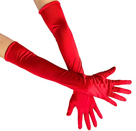 Long Opera Party Gloves for Women, 1920s 20s Satin Gloves Elbow Length for Bridal Evening Dress & Wedding & Dance W-G-1, Red, One Size