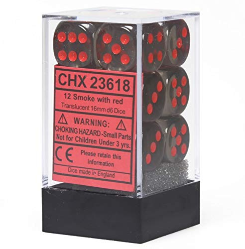 Chessex Translucent 16mm d6 with pips Dice Blocks (12 Dice) - Smoke w/red