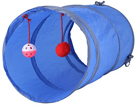 HEEPDD Cat Tunnel Toy with Plush Ball and BellCollapsible Interactive Blue | For Kitten Rabbits Small Dogs,Indoor Outdoor Enrichment Activity,Steel Wire Support,Release Pressure,18.5x9.8inch