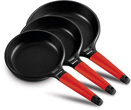 CASTEY - Juego de Sartenes de Fundix, Modelo F2-K2, Medidas 20, 24 y 28 cm, Color Rojo, Antiadherente, Sin PFOA, Ligera y Maniobrable, Mango Ergonómico, Apto para Todas las Cocinas