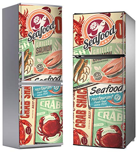 Dekorativer Vinyl-Aufkleber für Kühlschrank, speziell blasenfrei, Vintage Meeresfrüchte-Logo (185 cm x 60 cm)