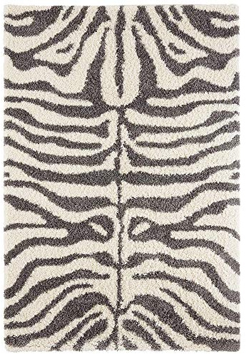 Hanse Home Hochflor Shaggy Design Teppich Zebra Creme Grau weich im Tierfell Muster Safari Look Wohnzimmer Schlafzimmer Küche Diele Flur Modernes Design, 80x150 cm