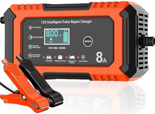 8A Car Battery Charger, 12V 8Amp Automatic Smart Charger Monitor Battery with LCD Screen Temperature Compensation, Intelligent Charges, Repairs, Maintains Car Motorcycle Boat Mower Battery