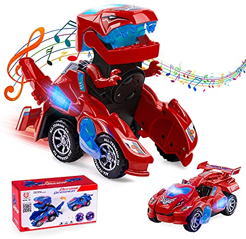 Ltteaoy Dinosaurier Auto Transformers Spielzeug, Transformable Auto mit LED Licht, Musik und Universalrad, Kinder Lernspielzeug für 5-10 Jahre Jungen Mädchen, Geburtstag Weihnachten Geschenke (Rot)