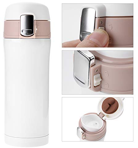 Vacío reutilizable de acero inoxidable Termo con aislamiento Botella de agua Taza de viaje Café Taza de té 350 ml para bebidas frías y calientes Frascos de metal para oficina (Blanco)