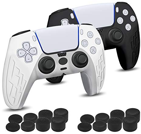 Newseego [2 Pack] Coque pour Manette de Jeu PS5, [Plus épais] Housse en Silicone Antidérapante Souple avec 16 Poignées de Pouce Skin Case Étui de Protection pour PlayStation 5 Controller (Noir+Blanc)