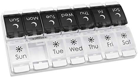 EZY DOSE Push Button (7-Day) Pill Case, Medicine Planner, Vitamin Organizer, 2 Times a Day AM/PM, Removable Trays, Large Compartments, Arthritis Friendly, Spring Open Black and White Lids, BPA Free