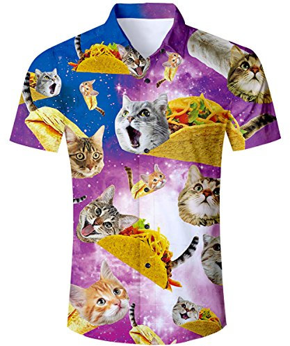 TUONROAD Mens Hawaiian Shirt 3D Taco Cat Crazy Shirt Short Sleeve Casual Summer Top Shirts L