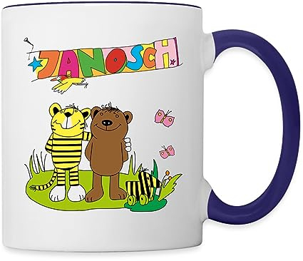 Spreadshirt Janosch Tiger und Bär Freundschaft Tasse, Weiß/Kobaltblau, 325 ml, Keramik, Henkel, Tasse
