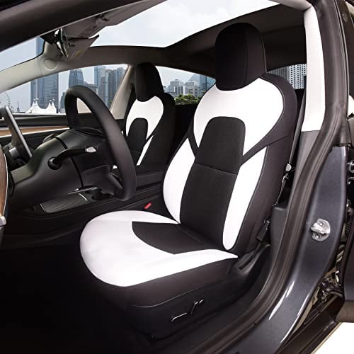 TOYOUN Vordersitzbezüge, maßgeschneidert, für Tesla Model 3/Model Y, Autositzschutz, 2 Stück, weiß, schwarz, zweifarbig, komplett umwickelt, buntes Tuch, Sitzbezug-Set für Tesla Model 3/Y2017-2022
