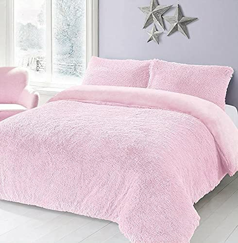 HOMES-LINEN Teddy Bear Fleece Long Fur Cuddles Alaska Luxury Duvet Cover Set Warm Cosy Soft Teddy Bedding Set (Pink, Single)