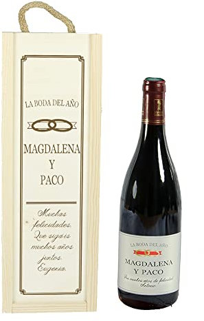 Botella de vino BIO en caja de madera para regalo de boda personalizada con nombres y dedicatoria
