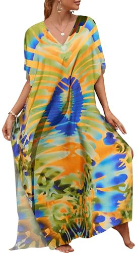 Bsubseach Colorful Beach Cover Up Loose Kaftan Dress Short Sleeve Swimsuit Beachwear for Women Army Green