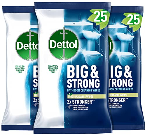 Dettol Antibacterial Biodegradable Bathroom Wipes, Pack of 3, Big & Strong, 25 Count Each, Ideal for First Aid Kit, Camping, Eco-Friendly Cleaning Solution