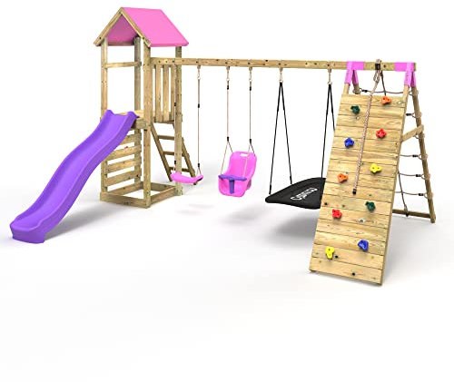 Rebo® Challenge Wooden Climbing Frame with Swings, Slide and Up & over Climbing wall - Sanford Pink | Outdoor Toys | Sturdy Wooden Construction, Pressure Treated Timber
