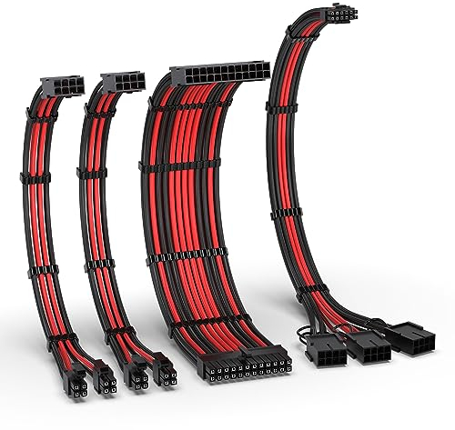 EZDIY-FAB PCIE 5.0 Sleeved Cable Kit, 16AWG PSU Extension, 24PIN-ATX/(4+4) PIN-EPS/(12+4) PIN to 3X 8 PIN PCIE- RTX4080/4070Ti Extension - Black/Red