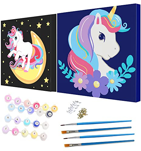 UYUYong 2 Pièces Peinture Numero Enfant Licornes 20 * 20CM Peinture à l'huile Numéro Enfants Loisirs Créatifs Fille 5 6 7 8 9 ans Peinture Numero avec Pigments pour Artisanat Bricolage Décoration