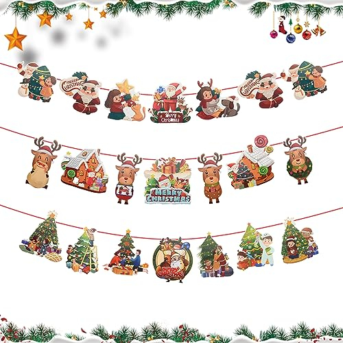 Bekecidi 3 Stück Frohe Weihnachten Banner, Weihnachtsbaum Weihnachtsmann Rentier Wimpelkette Banner Papierflaggen Weihnachten Hängende Wimpelkette Girlande Xmas Party Dekorationen Zubehör für Zuhause,