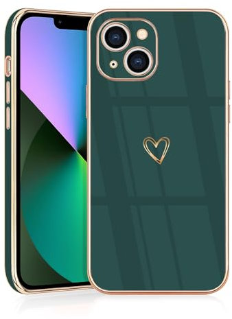 JRIANY for iPhone 13 Case, Protective Flexible Silicone Case with Cute Design Love Heart Pattern Shockproof Bumper Cover Compatible with Apple iPhone 13 - Green