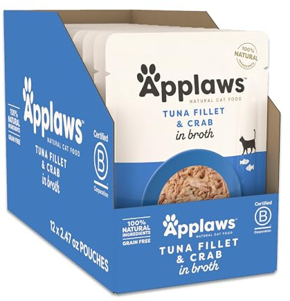 Applaws Natural Wet Cat Food in Broth, Limited and Natural Ingredients, High Protein with No Artificial Additives, Tuna & Crab in Broth (12 x 2.47oz Pouches)