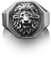 BySilverStone Jewelry Handgefertigter Wilder Löwe-Silber-Herrenring, Sterlingsilber-Löwenkopf-Siegelring Für Männer, 925Er Polierter Silber-Löwenmann-Ring, Achteckiger Siegelring Für Männer