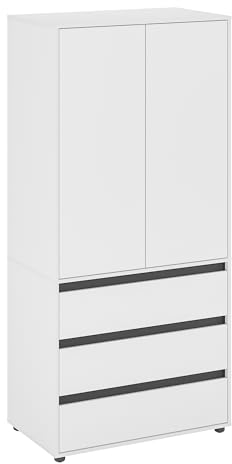 KOMTO Kleiderschrank Klein in Weiß - Schrank Schlafzimmer Kinderzimmer Mehrzweckschrank mit 2-türig & 3 Schubladen Garderobenschrank Flur | Drehtürenschrank Cube 90 x 192 x 53 cm
