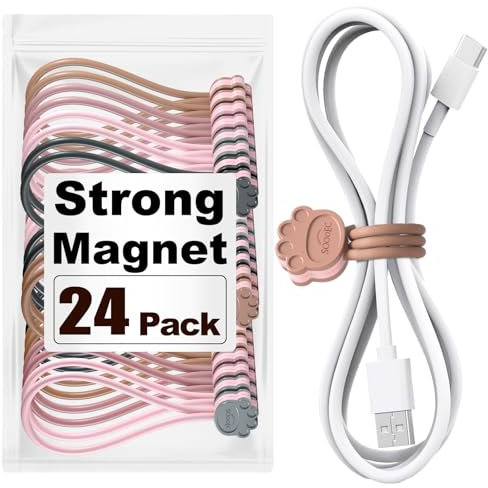 SOOOEC Cute Cat Paw Magnetic Cable Ties – 24 Pack, Reusable Silicone Cord Organizers for Home & Office, Strong Magnetic Hold, Double-Sided Colors, Perfect for Cable Management and Gift Idea