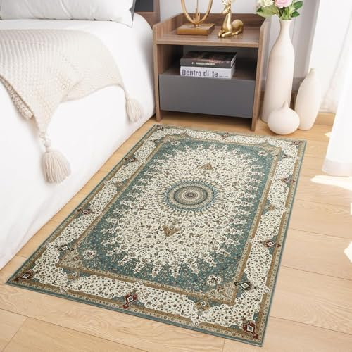 Imperial Rooms Machine Washable Bedside Small Rug 40x60 cm - Soft Short Pile Green Area Rugs For Bedroom Entrway Non Slip Floor Carpet Traditional Vintage Design Cashmere Door Mat For Kitchen, Willow