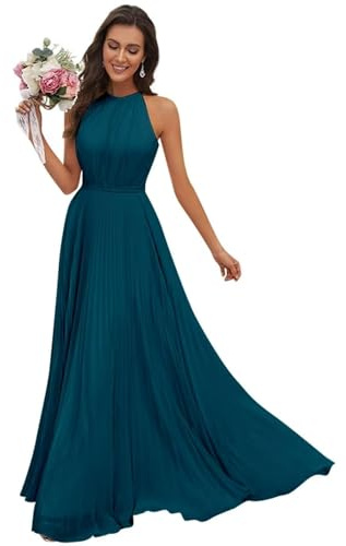 JAEDEN Abendkleid Damen Lang Elegant für Hochzeit Neckholder Brautjungfernkleider Chiffon Festliches Party Kleid Teal 44