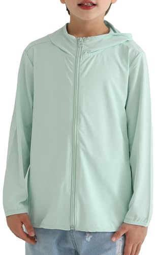 Maeau Veste à capuche UPF 50+ avec protection UV - Pour fille et garçon - Protection solaire - Stretch - Séchage rapide - Veste de sport d'été - Fermeture éclair - Pour gym, vélo, pique-nique - 3-14