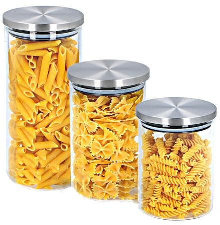 MURAGO - 3er Set Vorratsgläser mit Deckel aus Edelstahl - Vorratsdosen glas Vorratsbehälter luftdicht rund für Mehl Nudeln Müsli Candy Bar Kaffee Zucker
