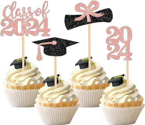 36 Stück Class of 2024 Tortendeko 2024 Abschluss Cupcake Toppers Glitzer Graduation Diploma Grad Kuchen Deko for 2024 Jungen Mädchen Abschluss Thema Party Kuchen Dekoration Schwarz Rosegold