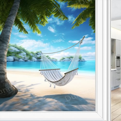 Einfache weiße Hängematten-Fenster-Sichtschutzfolie, Strand, Palme, schöner Ozean, Buntglas-Fensterfolie, dekorative Fensterfolie für Fenster und Glastür, Sonnenblockierung, 80 x 140 cm