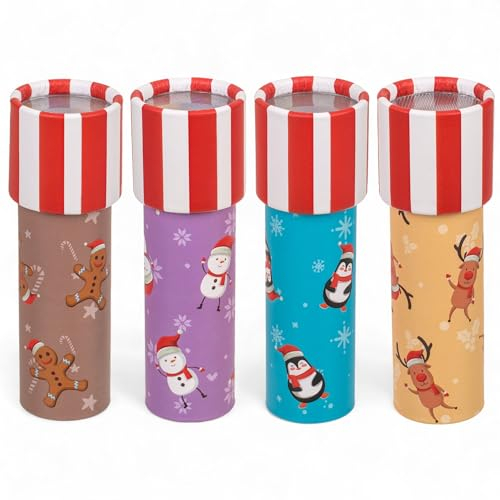 MIJOMA Kaleidoskop Weihnachten Set, Weihnachts-Kaleidoskop für Staunen und Experimentieren mit Spiegeln, Licht und Farben, Klassisches Lernspielzeug für Kinder, Mitbringsel (4 Stück 13 x 4 cm)