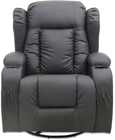 Constantine 10-in-1 Armchair Recliner, Heated Seat, 360 Swivel, Massage,Bonded Leather, Latch Mechanism, Pillow Back (Grey)