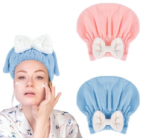 Hair Quick Drying Towel Ultra Absorbent Bows Tie Head Cap 2 Pcs-Blue Pink Efficient Hair Wrap Dry Quickly And Naturally Absorb Water Microfiber Scrunchies Bands For Wet Hair Shower Cap Bathing Hat
