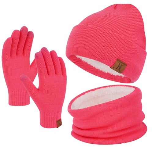 Winter Warm Mütze Loop Schal und Touchscreen Handschuhe Set für Herren und Damen, Wintermütze Strickmütze Beanie Schlauchschal Winterhandschuhe Strickhandschuhe mit Fleece Gefütterte, Barbie Rosa