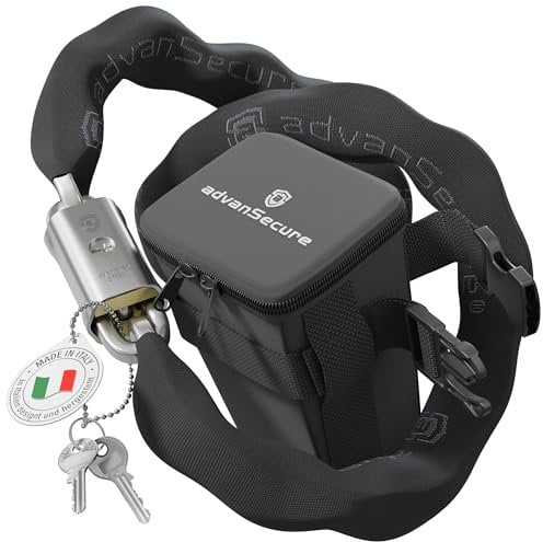 advanSecure® Hochsicherheits-Kettenschloss mit Satteltasche | optimal für E-Bike | max. Sicherheitsstufe | 120 cm Länge, 10 mm Kettenglieder | gehärteter Spezialstahl